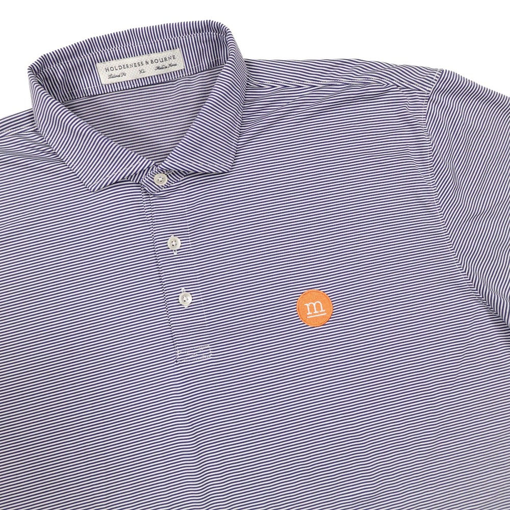 HOLDERNESS & BOURNE Mens XL Navy Blue White Striped Tailored Fit Golf Polo Shirt